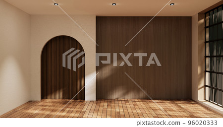 Idea of empty room interior zen style floor wooden on white empty wall.3D rendering 96020333