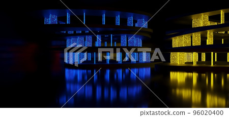Abstract architectural minimalistic background. Laser show in the ultraviolet spectrum. Modern  impulse tunnel. Futuristic space sci-fi frame neon backlight. 3D illustration and rendering. 96020400