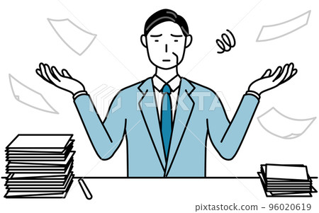 一位厭倦了雜亂工作的高級商人、經理、經理和總裁的簡單線條圖 96020619