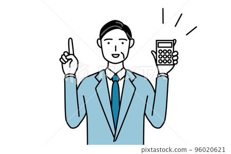 一位高級商人用計算器、經理/經理/總裁指點的簡單線條圖 96020621