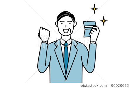 A simple line drawing illustration of a senior businessman who is happy to see a bankbook, a manager, a manager, and a president 96020623