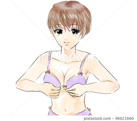 Color cartoon illustration of a sexy short hair girl model trying on a cute bra Color cartoon illustration of a sexy short hair girl model trying on a cute bra 96021660