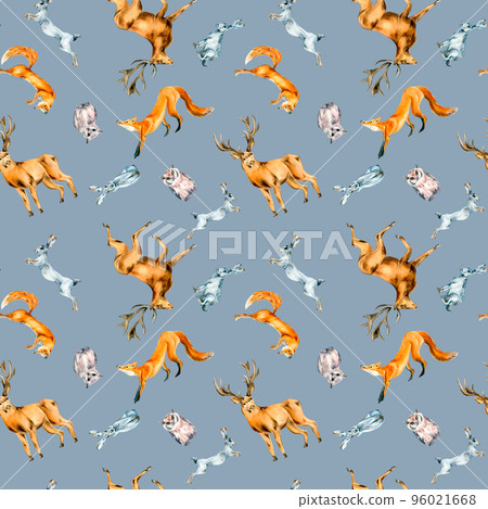 Wild animals, hare, fox, owl, deer watercolor seamless pattern isolated on blue. Wild animals, hare, fox, owl, deer watercolor seamless pattern isolated on blue. 96021668