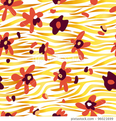 Abstract flowers on a background of gold zebra stripes. Vector seamless pattern for printing on fabric and paper. Abstract flowers on a background of gold zebra stripes. Vector seamless pattern for printing on fabric and paper. 96021699