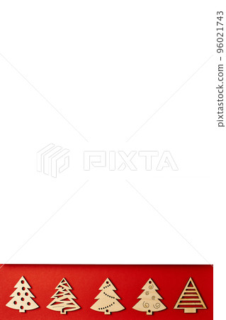 New Year's red and white card, with a pattern of Christmas trees. Christmas background for inscriptions. Minimalistic Christmas card. Frame, banner. Christmas trees top view. Winter vacation. New Year's red and white card, with a pattern of Christmas trees. Christmas background for inscriptions. Minimalistic Christmas card. Frame, banner. Christmas trees top view. Winter vacation. 96021743