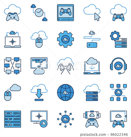 Cloud Gaming colored icons. Vector Playing games remotely signs Cloud Gaming colored icons. Vector Playing games remotely signs 96022346
