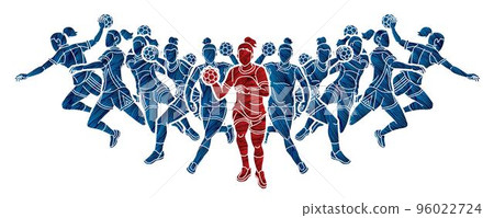 Group of Handball Female Players Mix Action Cartoon Sport Graphic Vector 96022724