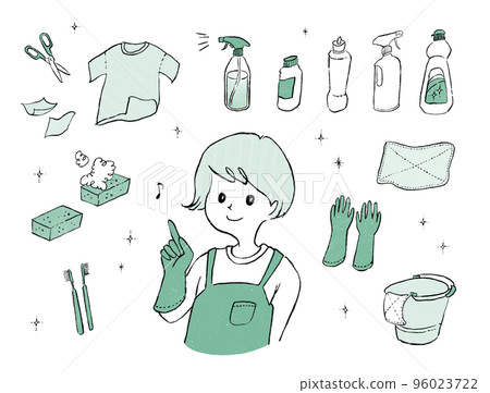 Illustration of a woman with cleaning supplies 96023722