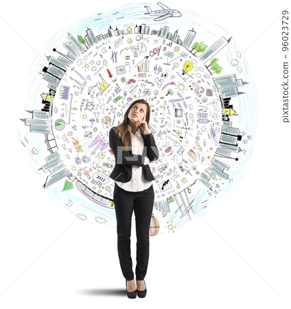 Businesswoman thinks business world 96023729