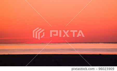 Sunrise Panorama view to Aral sea from the rim of Plateau Ustyurt near Aktumsuk cape in Karakalpakstan, Uzbekistan 96023909