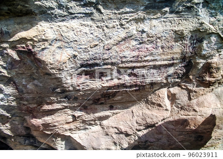 sandstone with bushmen aka San people rock paintings at Makhaleng Valley near Malealea , Mafeteng , Lesotho sandstone with bushmen aka San people rock paintings at Makhaleng Valley near Malealea , Mafeteng , Lesotho 96023911