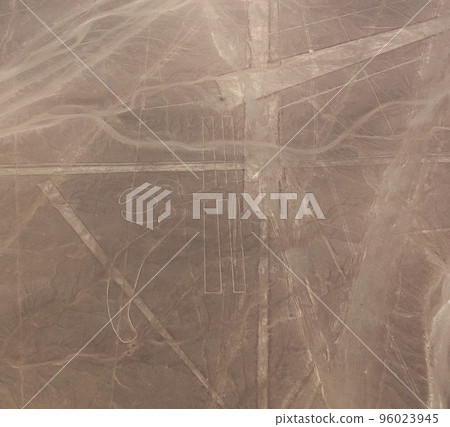 Aerial airplane panoramic view to Nazca geoglyph lines aka parrot , Ica, Peru Aerial airplane panoramic view to Nazca geoglyph lines aka parrot , Ica, Peru 96023945
