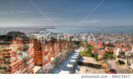 View to ancient wall and Trigoniu tower in Thessaloniki, Greece 96023947
