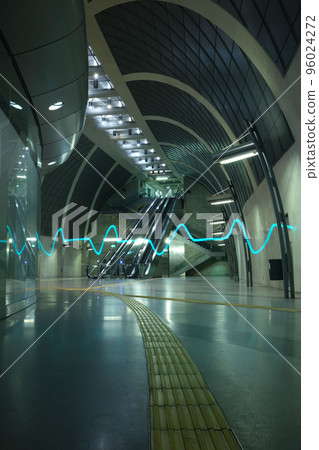 ECG pulse light in the futuristic subway station and an escalator in Heumarkt Cologne, Germany ECG pulse light in the futuristic subway station and an escalator in Heumarkt Cologne, Germany 96024272