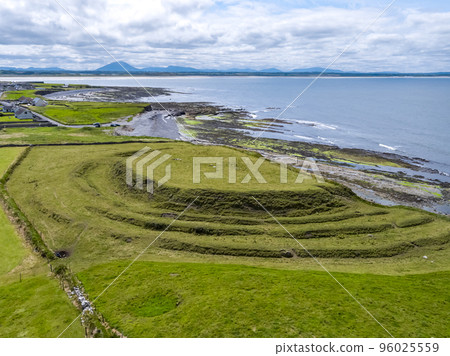 Aerial view of the historical Hut Site by Carrowhubbuck North Carrownedin close to Inishcrone, Enniscrone in County Sligo, Ireland. 96025559