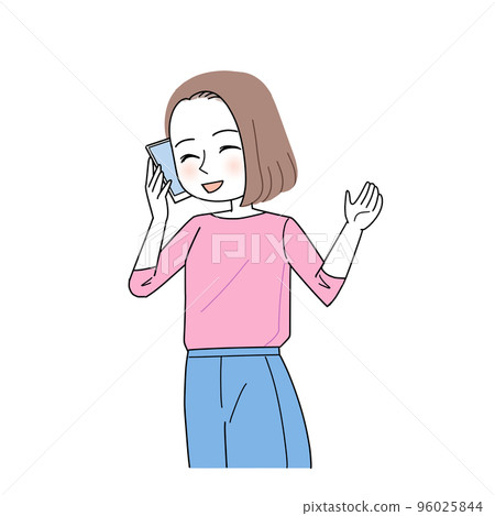 女人笑著打電話給她的智能手機 女人笑著打電話給她的智能手機 96025844
