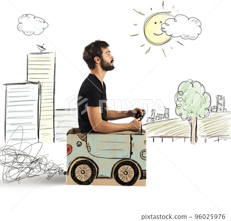 Cardboard car in drawing city 96025976
