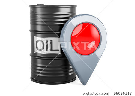 Oil barrel with map pointer, 3D rendering 96026118