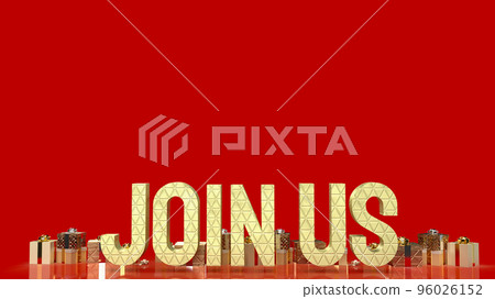 gold join us and gift box on red background 3d rendering gold join us and gift box on red background 3d rendering 96026152