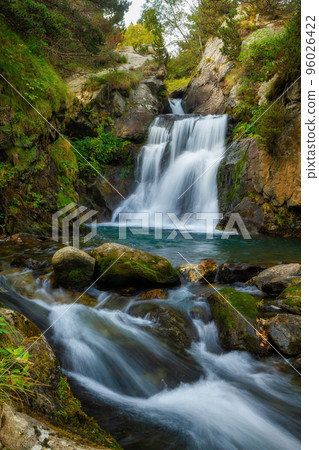 Nice mountain creek waterfalls in a Spanish Pyrenees mountain, near Vall de Nuria valley 96026422