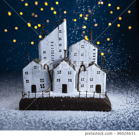 winter christmas composition night city in the snow, wooden houses from driftwood winter christmas composition night city in the snow, wooden houses from driftwood 96026631