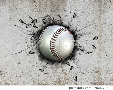 3d illustration of a baseball ball stuck in a concrete wall 96027089