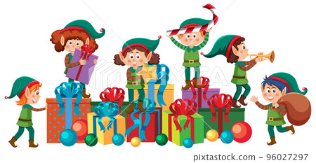 Elves cartoon character with Christmas present Elves cartoon character with Christmas present 96027297