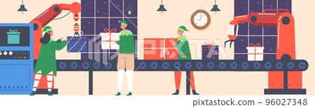 Santa Claus Helpers Teamwork on Conveyor Belt System. Christmas Factory with Elf Team Making Gifts Present On Machinery 96027348