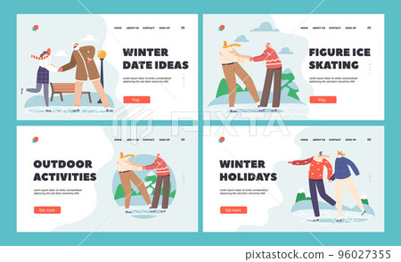 Young Pairs Wintertime Holidays and Vacation Fun Landing Page Template Set. Happy Loving Couples Skating Outdoors 96027355