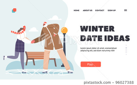 Winter Date Ideas Landing Page Template. Happy Couple Skate at City Ice Rink, Outdoor Activities at Winter Park Winter Date Ideas Landing Page Template. Happy Couple Skate at City Ice Rink, Outdoor Activities at Winter Park 96027388