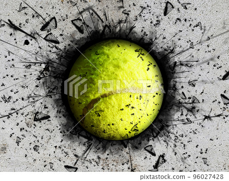 3d illustration of a tennis ball stuck in a concrete wall 96027428