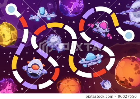 Space board game. Child fantasy universe riddle labyrinth puzzle, tabletop boardgame with spaceship meteor crater kid entertainment. Vector illustration Space board game. Child fantasy universe riddle labyrinth puzzle, tabletop boardgame with spaceship meteor crater kid entertainment. Vector illustration 96027556