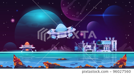 Alien colony landscape. Planet Mars colonization futuristic cartoon style, space station on galaxy surface universe exploration concept. Vector illustration 96027560