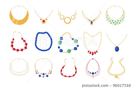 Cartoon necklaces. Luxury gold metal beads jewellery, woman fashion pearl collar beads chain with gemstone bijouterie. Vector isolated collection 96027588