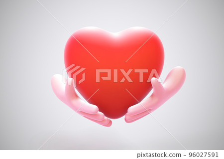 3D cartoon human hands holding red heart on grey background. 96027591