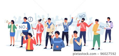 People on protest. Crowd of activists with placards on strike peaceful demonstration, cartoon characters together holding banners. Vector illustration 96027592