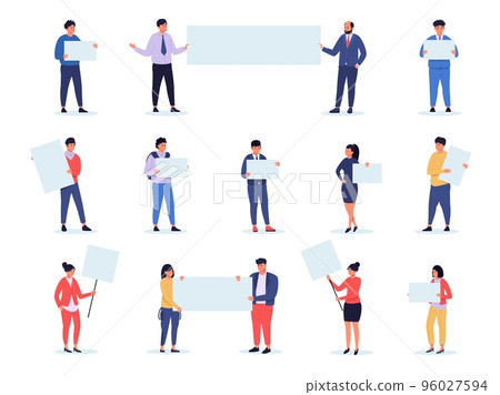 People holding boards. Mass of man woman characters with empty banners, group of activists with blank placards cartoon style. Vector isolated set 96027594