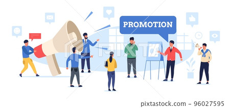 Promotion loudspeaker concept. People with megaphone promote announce, public speaking digital marketing presentation banner design. Vector illustration 96027595