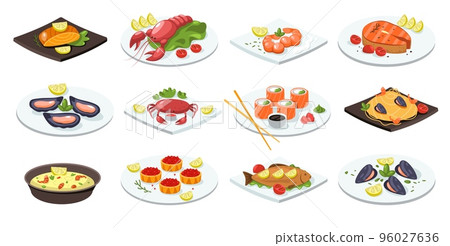 Fish meal. Cartoon seafood dishes traditional asian food, flat salmon roll lobster sushi mussel crab on plate japanese cuisine. Vector isolated set 96027636