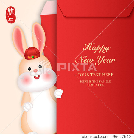 2023 Chinese new year of cute cartoon rabbit and red envelope template. Chinese translation : New year 96027640