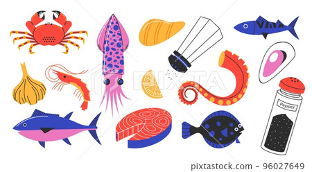 Doodle seafood animals. Cartoon oyster crayfish octopus lobster tuna shellfish products for restaurant menu fish market banner design. Vector isolated set 96027649