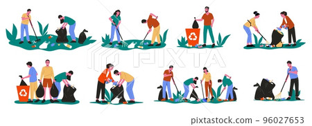 People collecting garbage. Cartoon volunteer characters cleaning up picking up litter rubbish, social humanitarian help concept. Vector isolated set 96027653