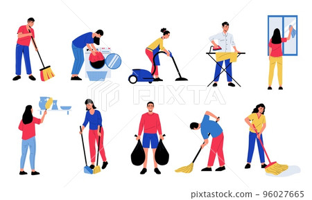 People cleaning up. Cartoon abstract characters doing housework ironing washing window, vacuuming, making bed. Vector housekeeping set 96027665