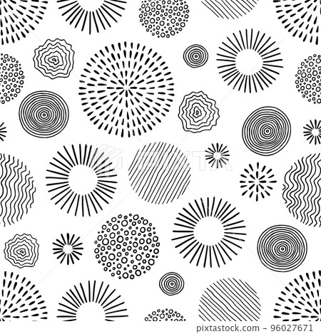 Hand drawn black, white circle seamless pattern. Doodle style abstracrt textured scribble, stripped, dot circle element pattern. Monochrome background 96027671