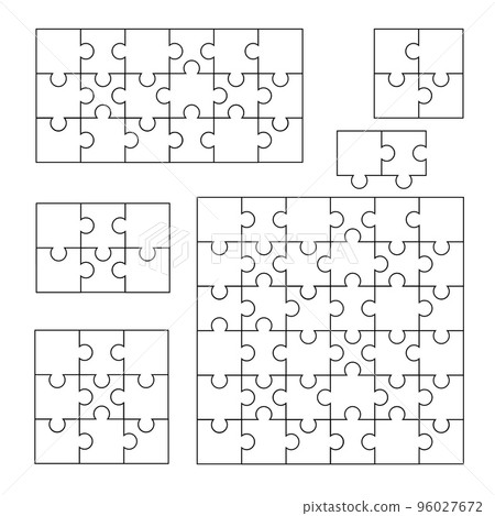 Puzzle shapes. Blank jigsaw pieces match together and separated for game design, group of tile elements teamwork problem solution process. Vector set Puzzle shapes. Blank jigsaw pieces match together and separated for game design, group of tile elements teamwork problem solution process. Vector set 96027672