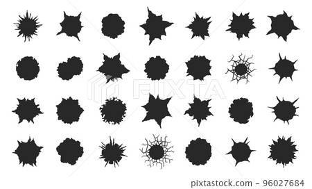 Black gunshot holes. Bullet shot damaged elements on metallic surface, gun pistol bullethole silhouettes target shooting torn crack elements. Vector set 96027684
