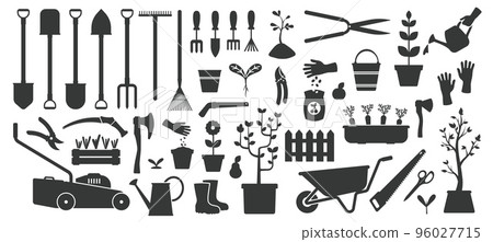 Black gardening tools. Flat garden instruments silhouettes, village agricultural equipment scissors axe shovel rake scoop pot. Vector simple set 96027715
