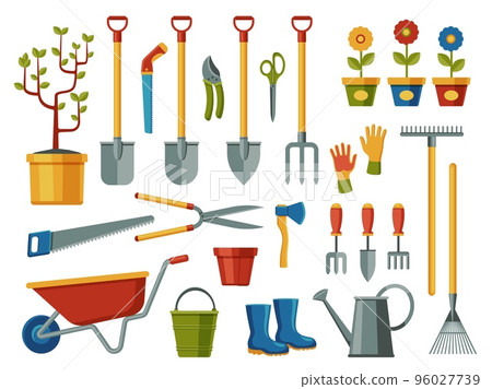 Garden tools. Farm agriculture equipment with shovel rake rubber boots secateurs cutter gloves lawnmower, flat cartoon gardening icons. Vector isolated set 96027739