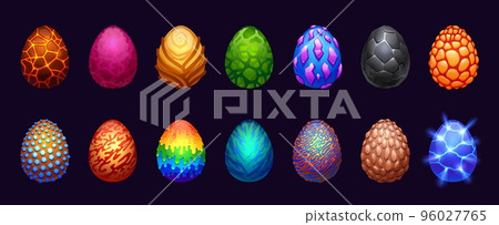 Cartoon fantasy eggs. Magic dragon reptile eggshell for game asset, fairy mythological monster glossy crystal GUI design template. Vector isolated set Cartoon fantasy eggs. Magic dragon reptile eggshell for game asset, fairy mythological monster glossy crystal GUI design template. Vector isolated set 96027765