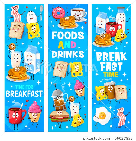 Cartoon funny breakfast food characters. Dairy products, morning desserts and hot drinks vertical banners, vector backgrounds with toast, bacon and pancakes, cupcake, sandwich, egg funny personages 96027853